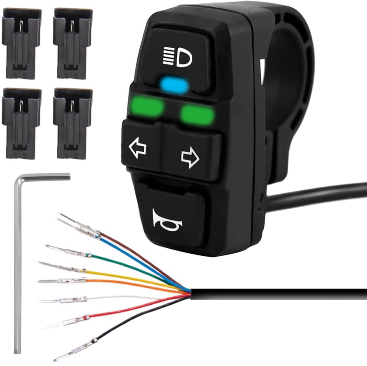 3-in-1 motorfiets stuurcontroller, koplamp/richtingaanwijzer/claxon montageschakelaar compatibel met 22 mm/0,86" stuur voor motorfiets, scooter, met moersleutel