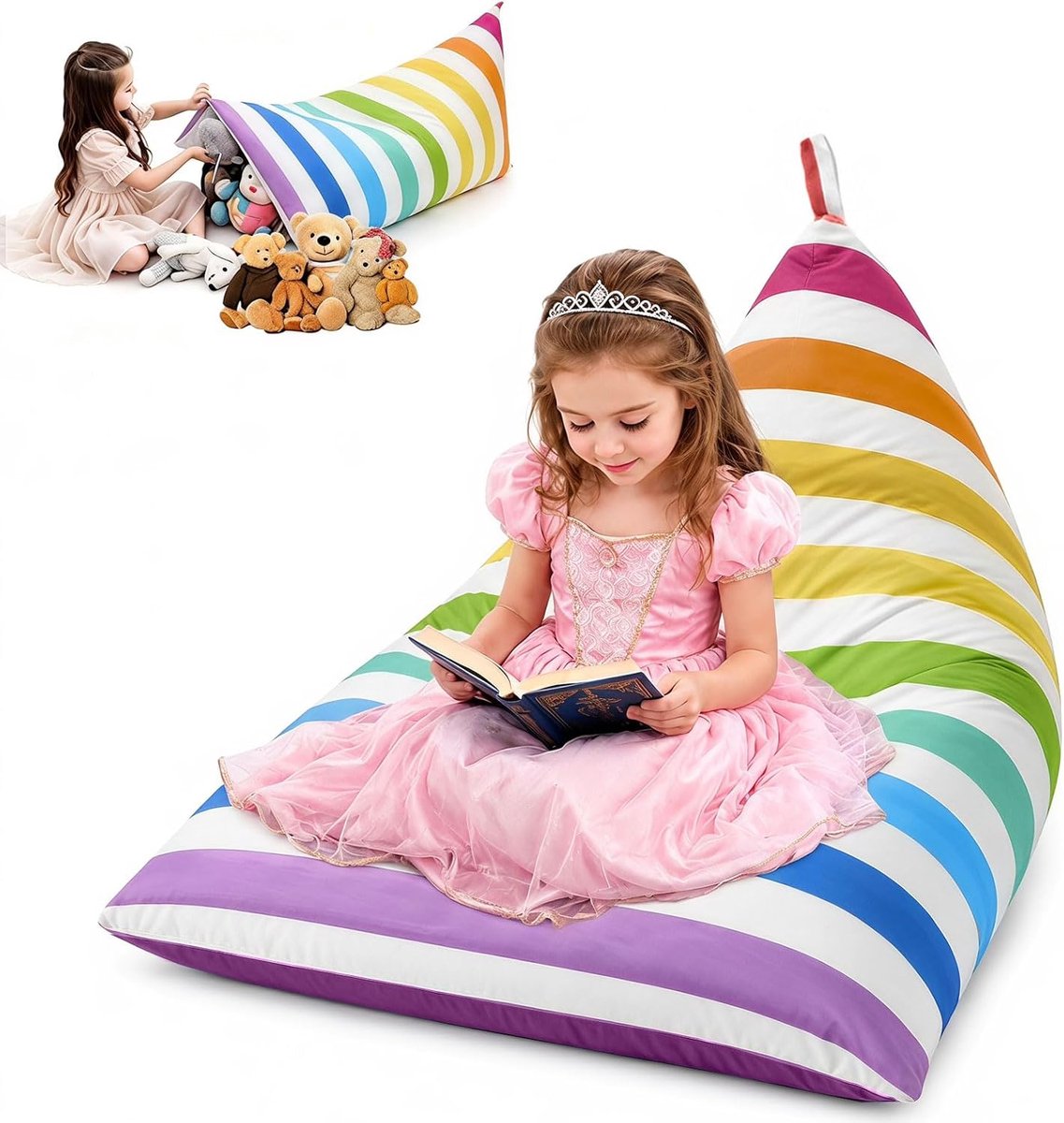 Zitzak voor kinderen, extra grote zitzak zonder vulling, opbergtas voor knuffeldieren, 2-in-1 opslag, zitmeubel, grote capaciteit, opvouwbare speelgoedopslag, premium zeildoek (kleurrijke