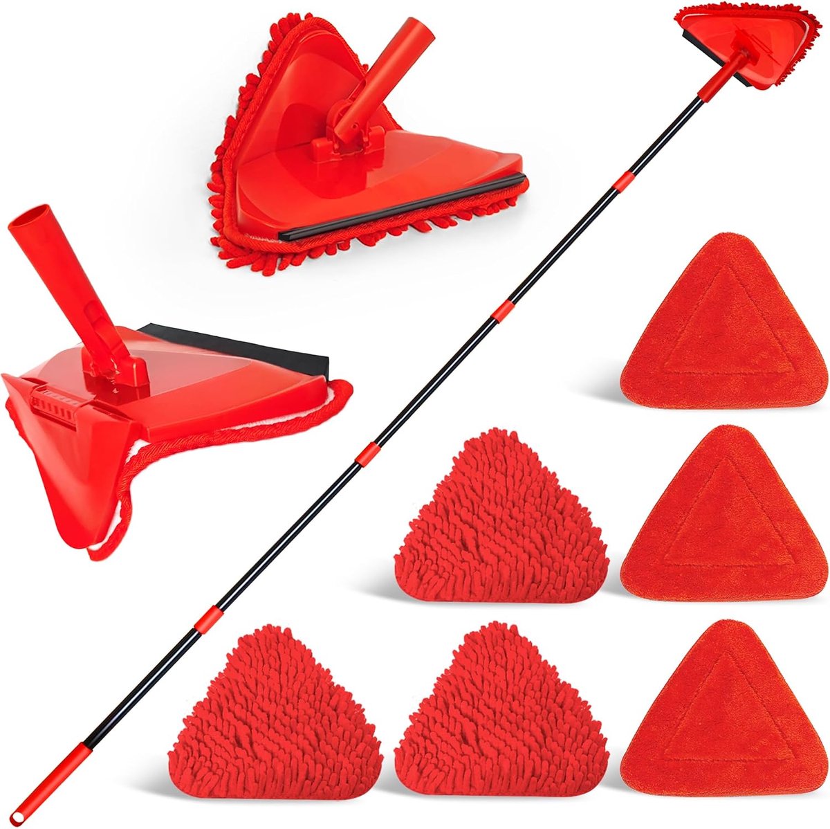 Wanddweilreiniger met 202 cm lange steel, 180° inklapbaar plafondreinigingsgereedschap met rakel, driehoekige plintschrobber met 4 chenille-stofdoek en 2 microvezelpads (rood)