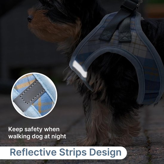 Hondentuigje voor kleine honden met riem, anti-trek, verstelbaar, zacht netweefsel, puppyharnas, reflecterend ruitpatroon, harnas voor chihuahua's, puppy's en katten, blauw, XS — afbeelding 2