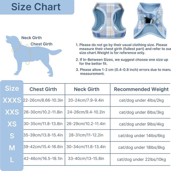 Hondentuigje voor kleine honden met riem, anti-trek, verstelbaar, zacht netweefsel, puppyharnas, reflecterend ruitpatroon, harnas voor chihuahua's, puppy's en katten, blauw, XS — afbeelding 5