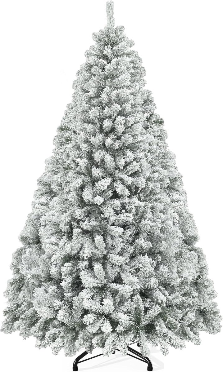 Kunstkerstboom met sneeuw, ca. 1346 takken, dennenboom met klapsysteemframe en opvouwbare metalen standaard, snelle montage voor thuis, kantoor, winkels, 229 x 115 cm