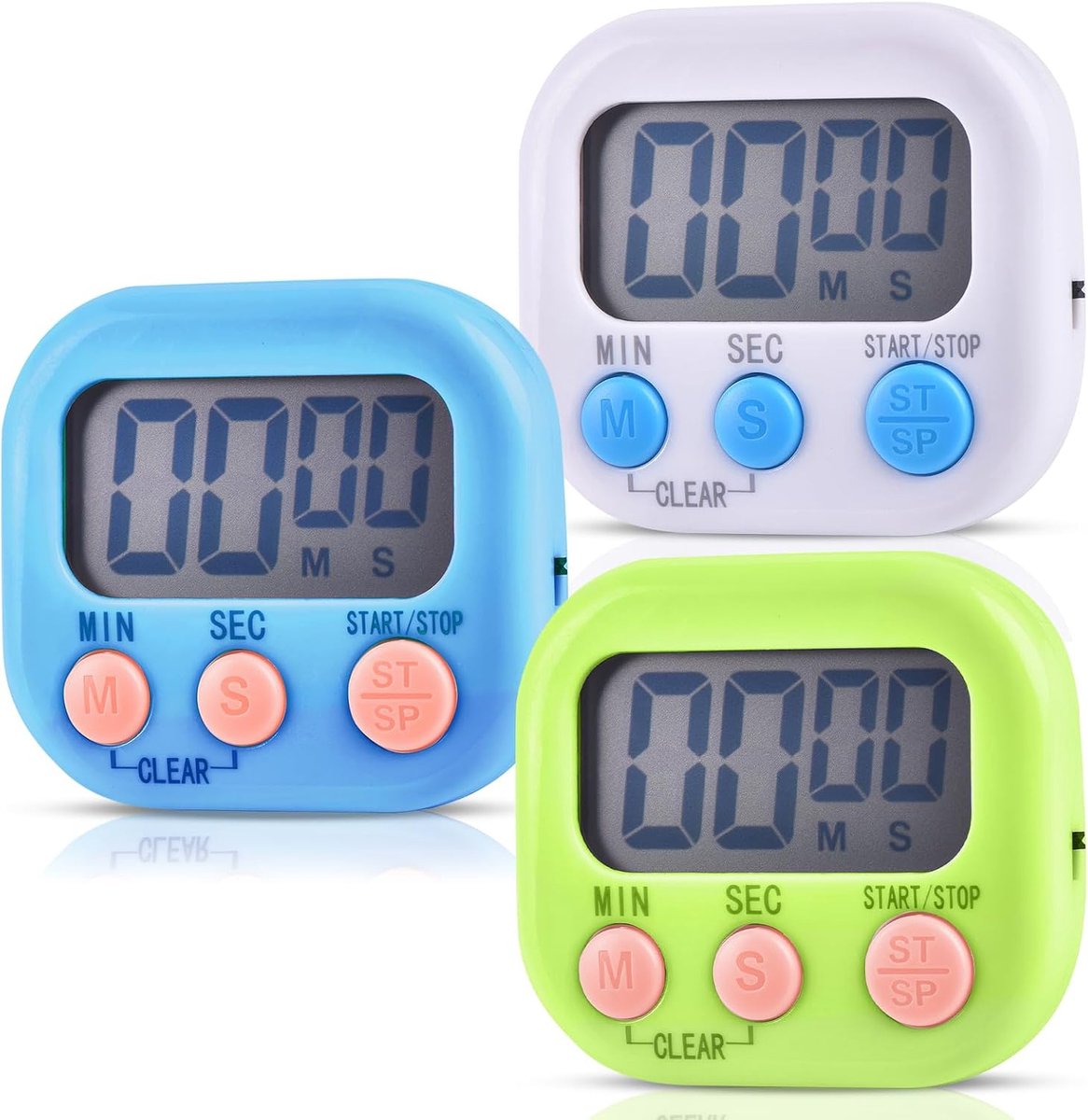 3 stuks, eierwekker, lcd-digitaal, keukentimer met inklapbare standaard en magneet, stopwatch voor koken, bakken, sport, kinderen, studeren (blauw, wit, groen)