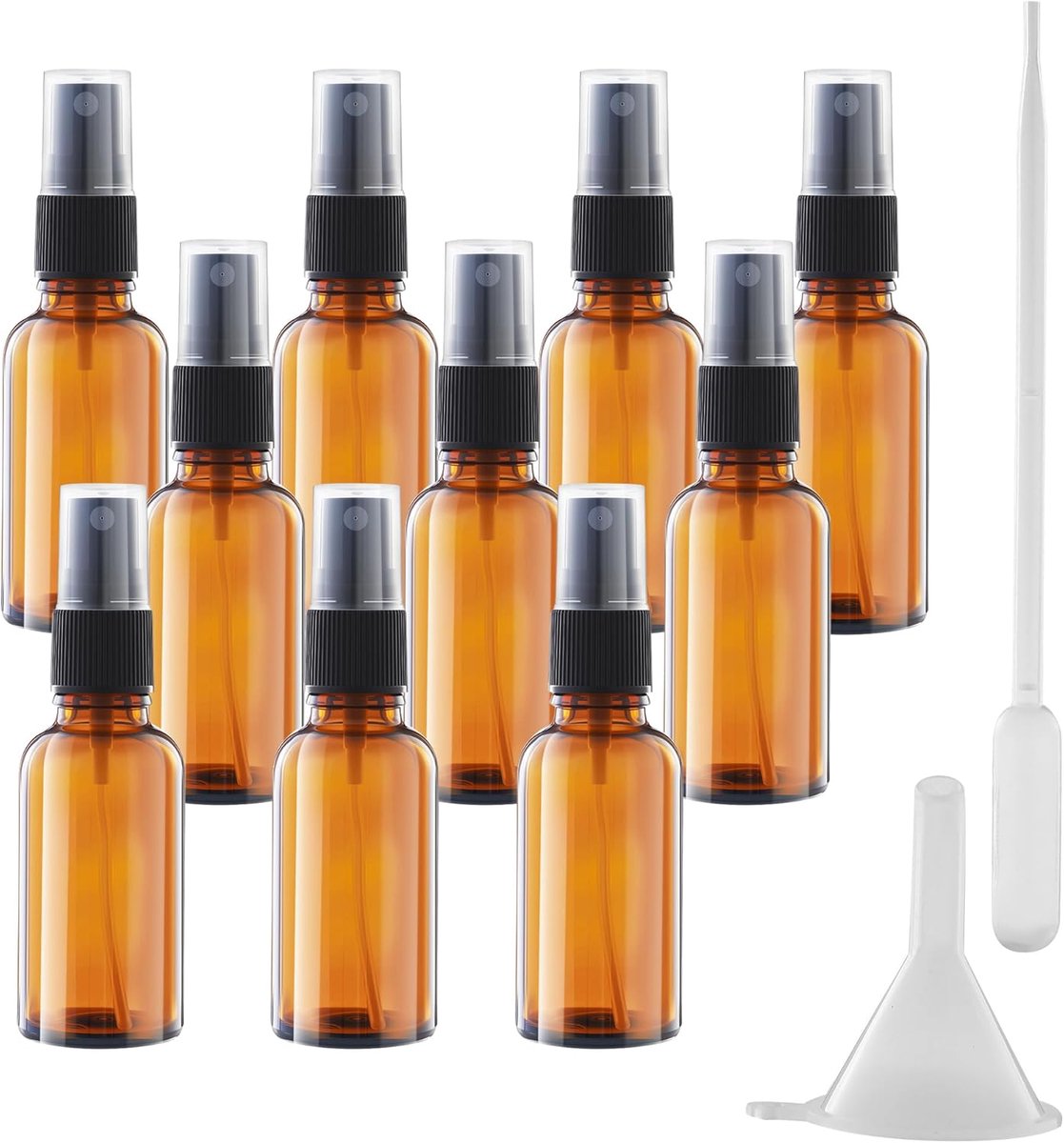 10 stuks bruine glazen spuitflessen, 30 ml spuitfles, klein glas, bruine spuitfles met trechter en druppelaar voor het vullen van etherische oliën, parfum, huidverzorging, voor massages en