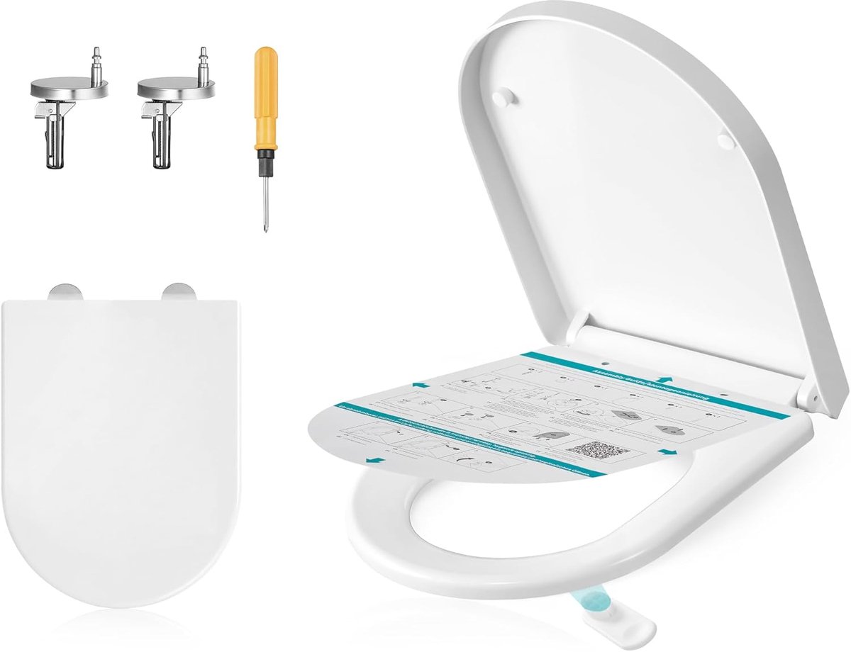 Toiletbril, Lange D-vorm, Soft-Close, Handgreep, Verwijderbare, Eenvoudige Installatie, PP Kunststof Toiletbril, Draagvermogen tot 300 kg, Wit BTL003WZ01
