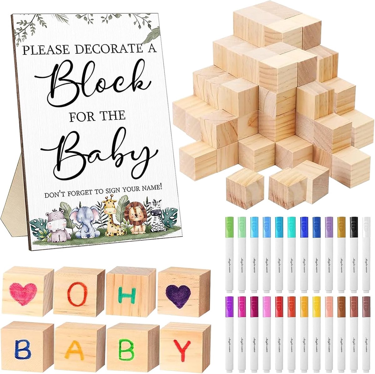 Spelset, 75-delige babyshower spelletjesborden set, grappige babyfeestspelset voor gasten, met 50 houten blokken, 24 stiften en 1 spelbord, snijblokken voor doe-het-zelf, schilderen