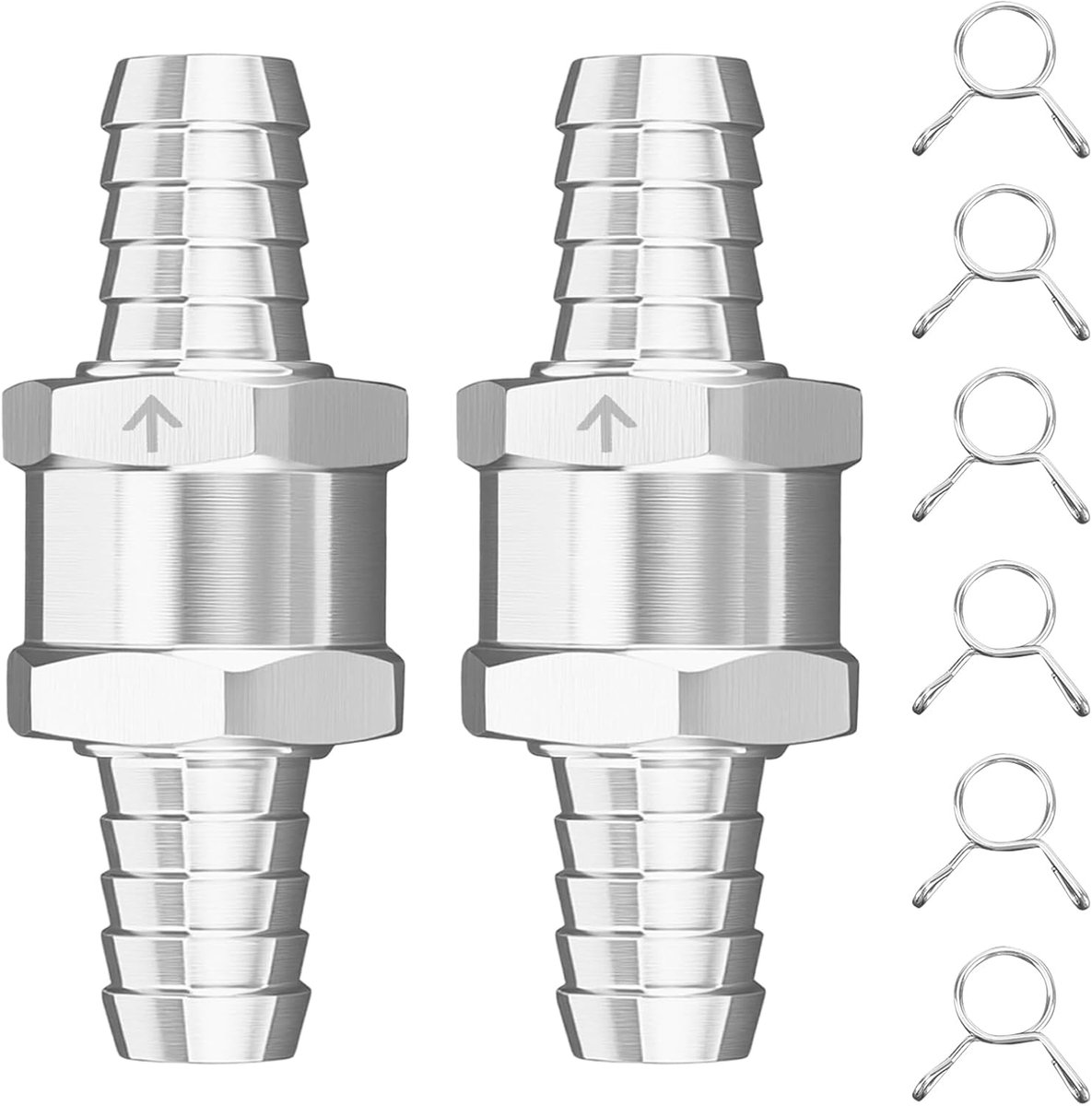 2 stuks 12 mm (1/4") Eenrichtingsbrandstofterugslagklep met 6 klemmen, aluminiumlegering eenrichtingsventiel voor benzine, diesel, gas, luchtwater, universeel voor auto, marine, carburateur