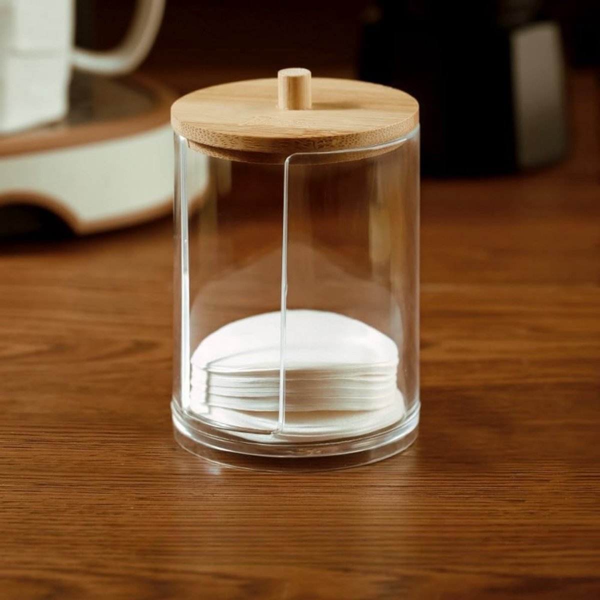 Koffiefilter-opbergcontainer met deksel, acryl-koffiefilterdispenser, compatibel met 51 mm/54 mm/58 mm ronde wegwerppapieren filters (bamboedeksel)