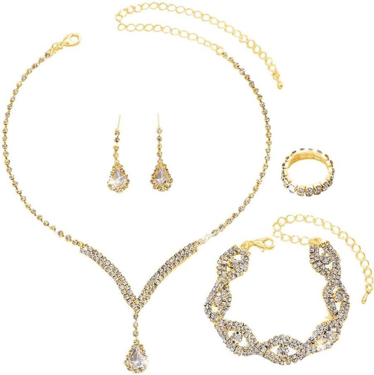 4 stuks bruiloft sieraden set diamant ketting kristal oorbellen ringen prom armbanden sieraden sets voor bruidsmeisjes sieraden sets sieraden sets, jeden rozmiar, voeten, zirkonia