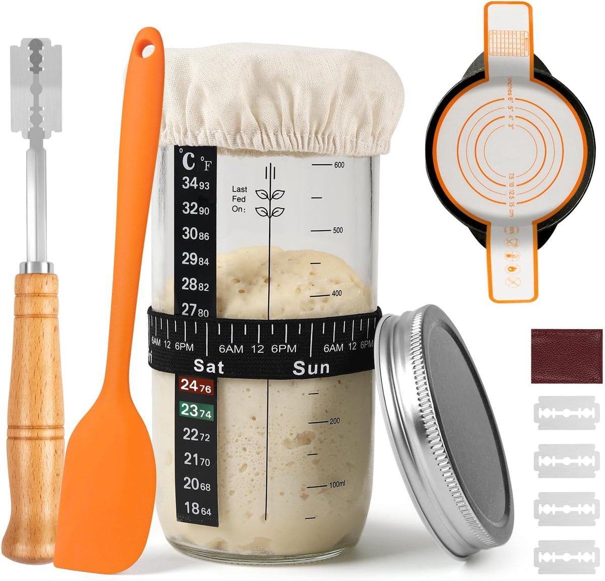 Starterpot voor zuurdeeg, 730 ml, met voedingsband met datum, siliconen katapult voor brood, broodmes, siliconen schraper