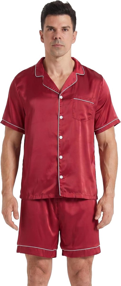 Pyjama heren korte tweedelige satijnen pyjama met knoopsluiting korte mouwen T-shirt en broek zomer zacht nachtkleding huispak pyjama's set met borstzak