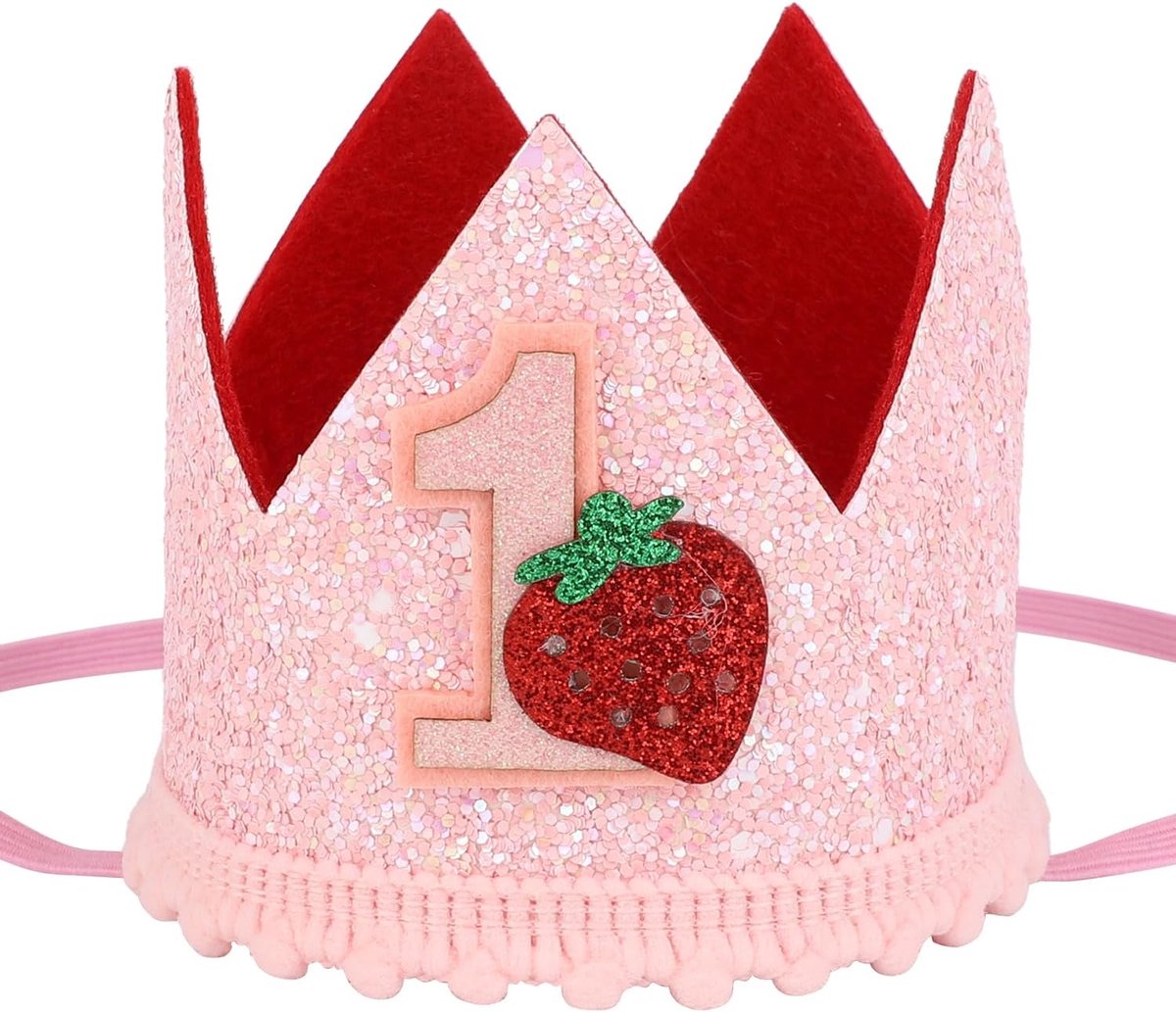 Berry Eerste Verjaardag Hoed, Schattige Roze Aardbeienkroon met Pailletten Schattige Hoed voor Meisjes 1e Verjaardag Foto-Accessoires Decoratiebenodigdheden Babyshowers