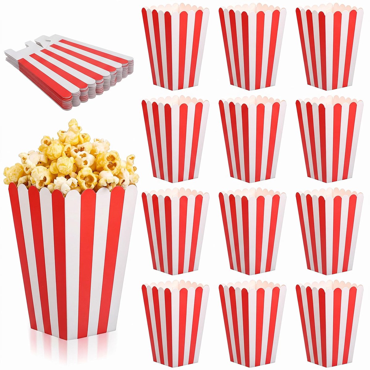 Papieren popcornzakken 12 stuks - rode kleur - strepenpatroon - herbruikbaar voor feestelijke gelegenheden - SnelShoppen