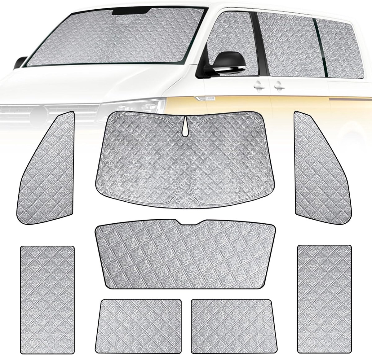 zonneklep voor VW T6 SWB, 8 stuks, opvouwbare zonwering voor auto-binnenafdekking, voorruitafdekking om 99% UVR te blokkeren en je voertuig koeler te houden