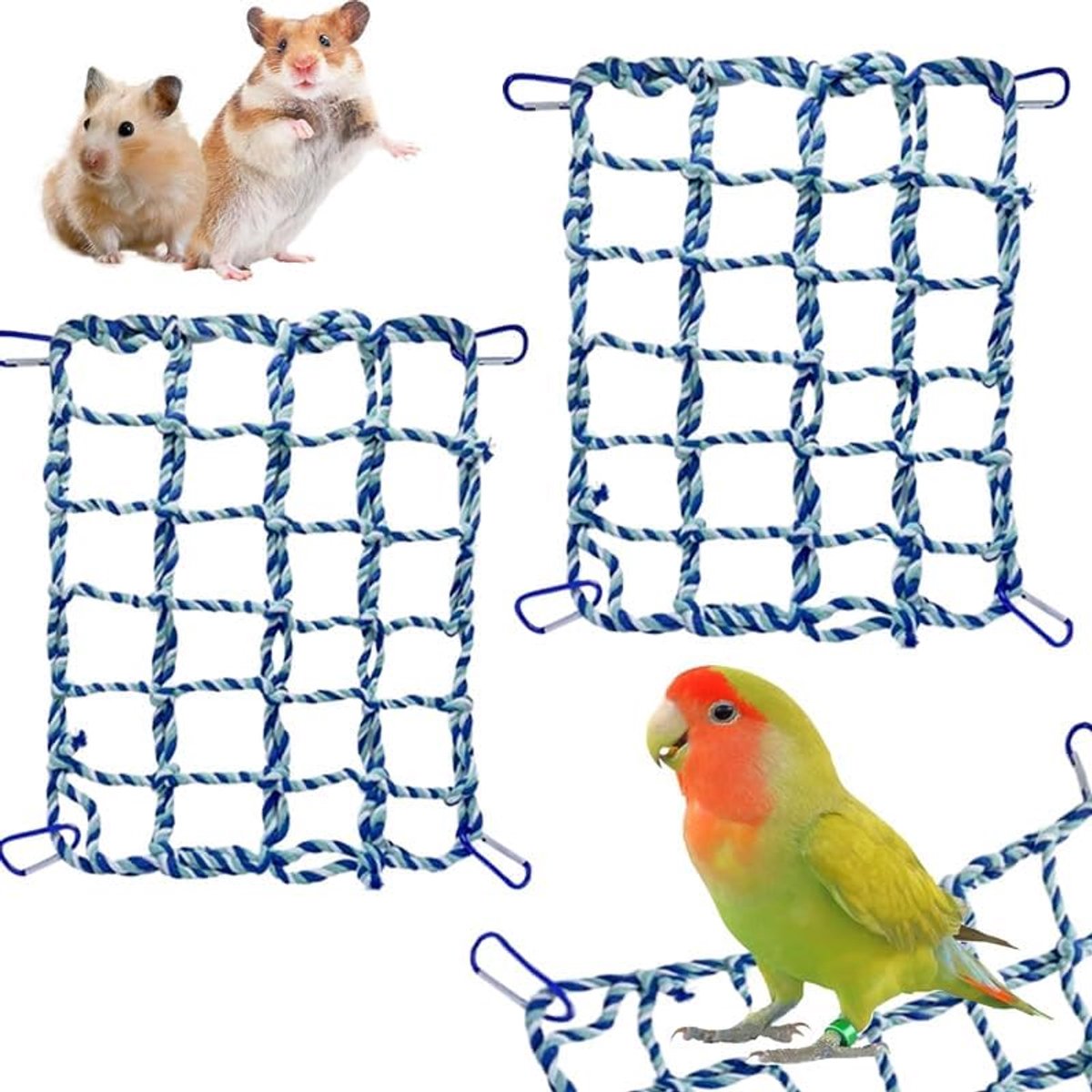 2 stuks rattenklimtouwen voor kooi-accessoires - rattenspeelgoed met hangmat, katoenen touwbrug voor vogel, ladder met 4 zilveren haken (blauw)