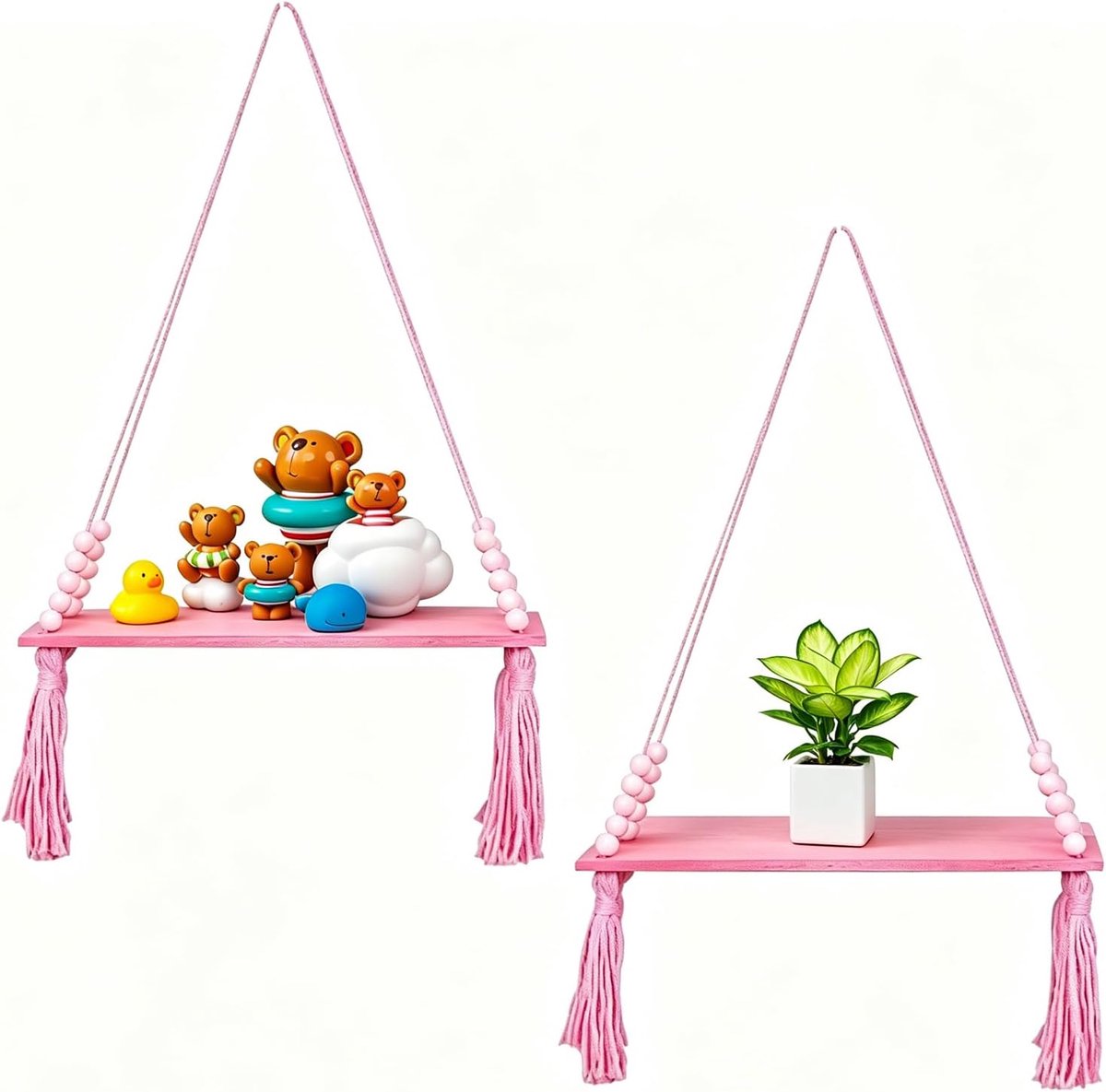 Roze, set van 20 houten kralen, macramé-hangrek van hout, boho wandrek voor kinderkamer, meisjeskamer, rustiek schommelrek voor binnen