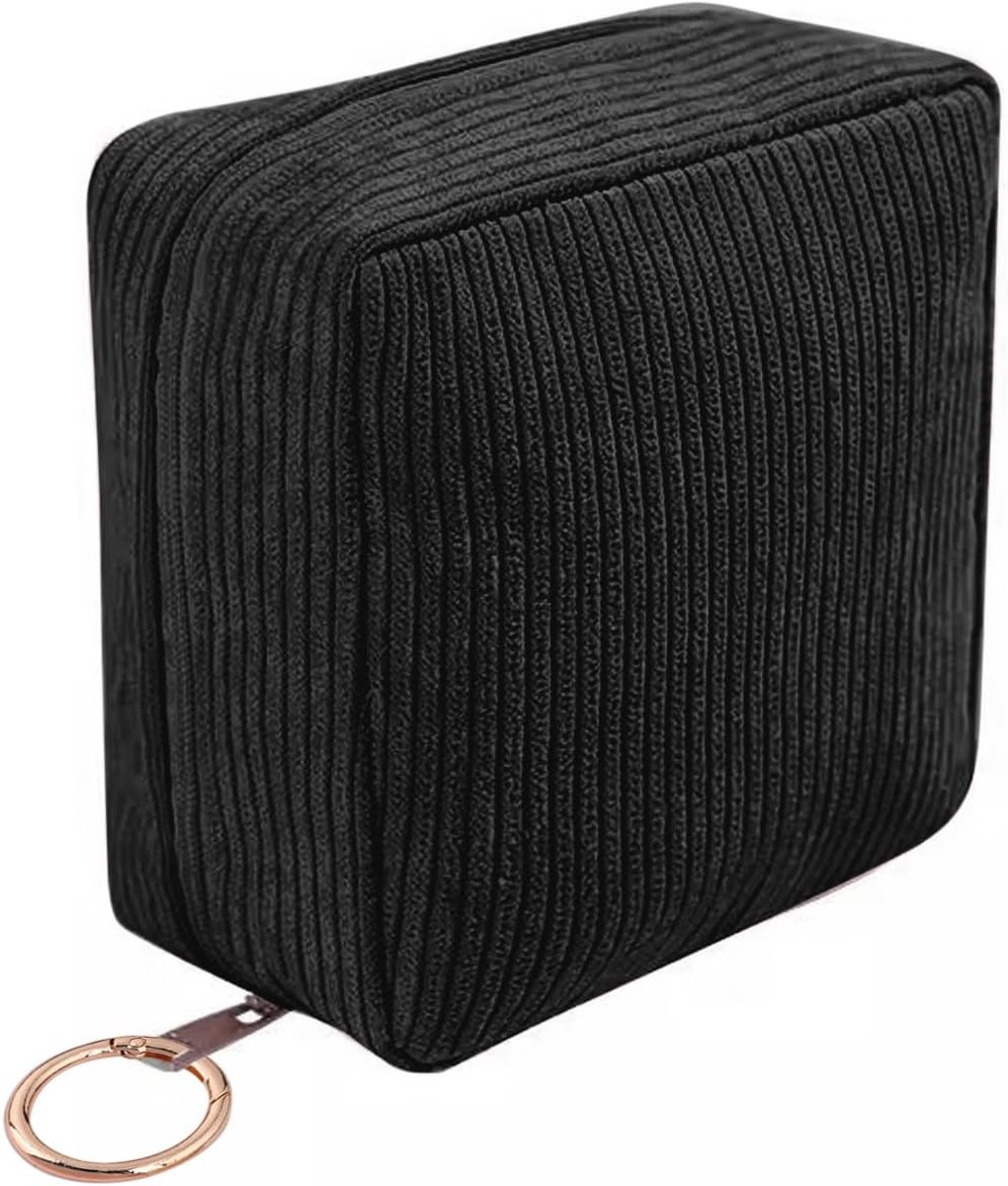 Make-uptas, zwart, mini, 13,5 x 13,5 x 5 cm, toilettas met gouden karabijnhaak, voor rugzak, organizer voor cosmetica, sleutels, kaarten en kompressen, reizen en dagelijks gebruik