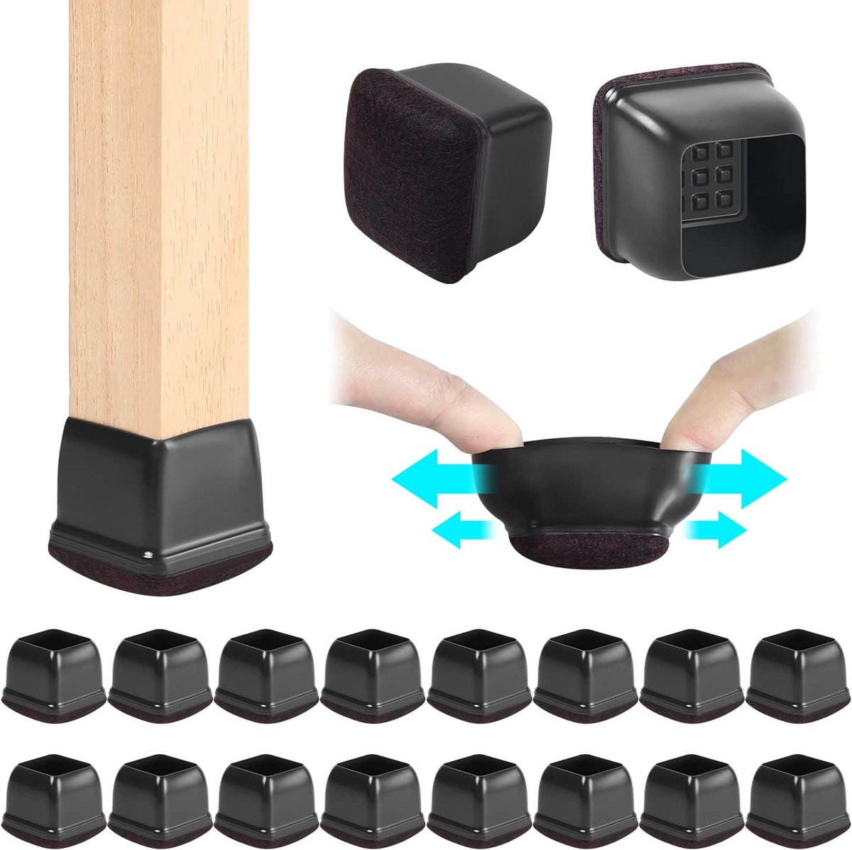 Beschermdoppen voor stoelpoten met vilt, rubberen meubelbeschermers, tafelpootbescherming, mat voor hardhouten vloeren, rechthoekig, zwart, zijlengte 28-35 mm, 16 stuks
