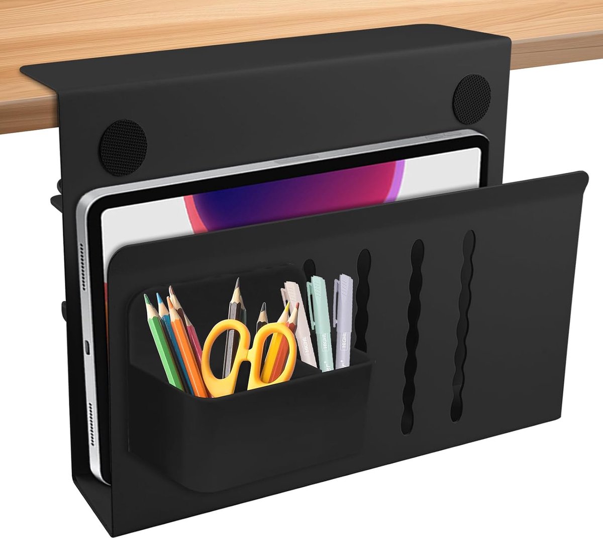 Zijopslag, bureau-side opslag met penhouder, pc-houder, zijbureau, voor apparaten met dikte < 4 cm, zonder boren, enkele laag - zwart, wit (zwart)