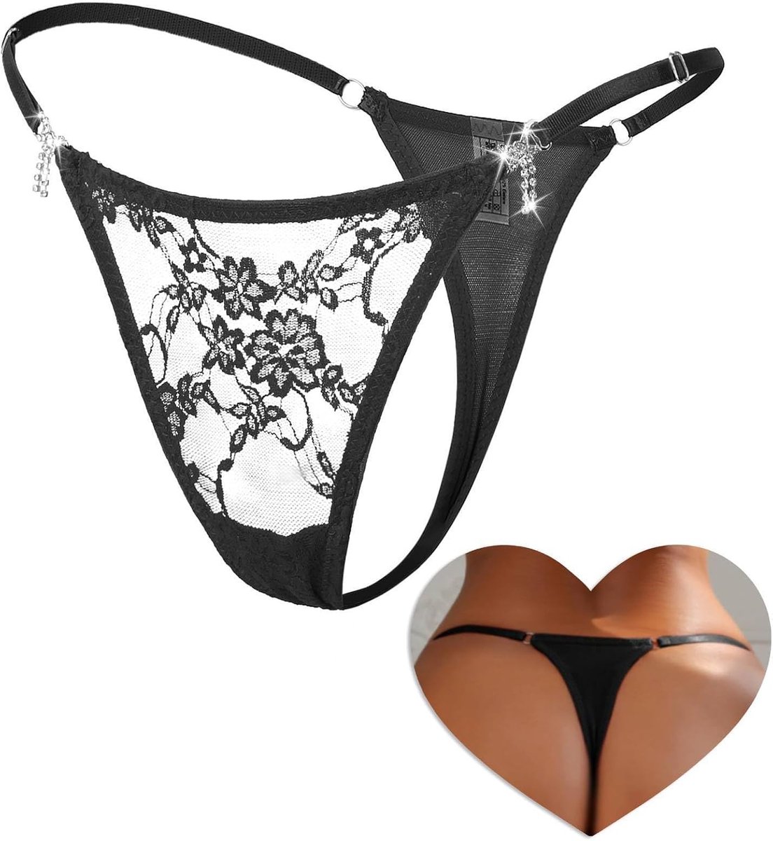 Comeondear Tanga voor dames, kant, mini-string, Braziliaanse slipje, verstelbaar, grote maat, tanga, lage taille, elastisch, ademend, bikini-ondergoed