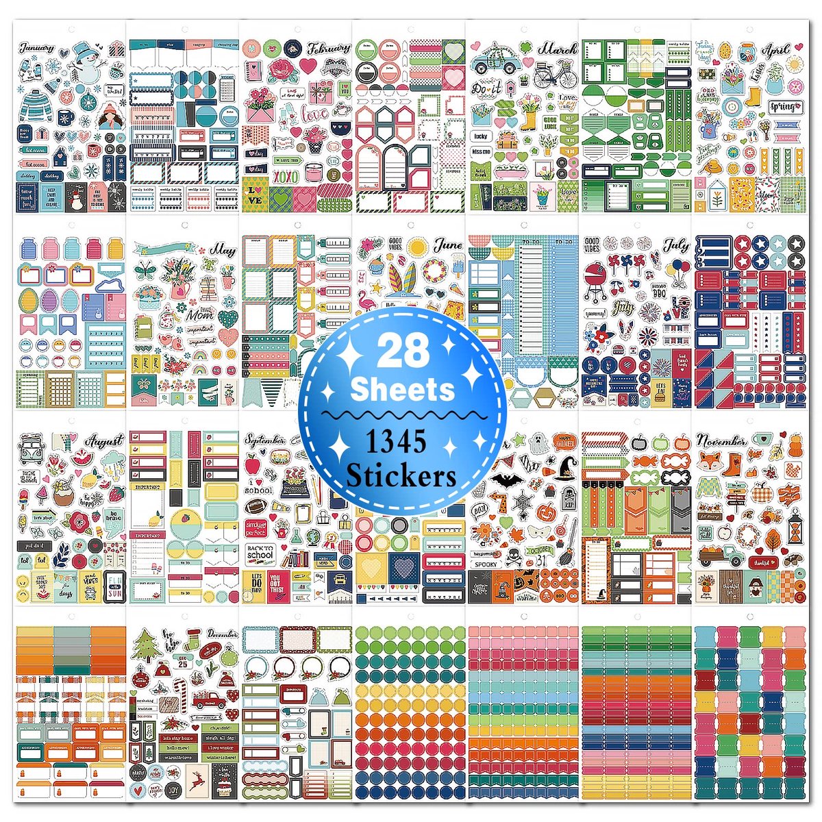 Bullet journal stickers 28 vellen - 1345 stuks - kleurrijke decoratie - perfect voor planning - SnelShoppen