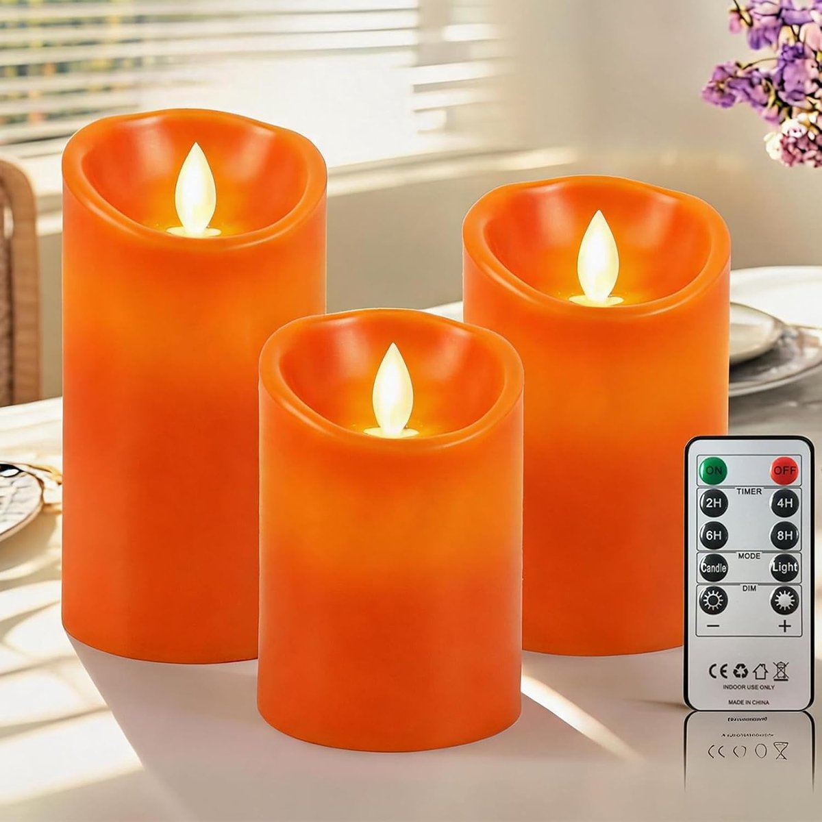 set van 3, van echte was, zonder vlameffect, flikkerende theelichtjes, voor decoratie, bruiloft, Kerstmis, met afstandsbediening en timerfunctie, oranje kleur