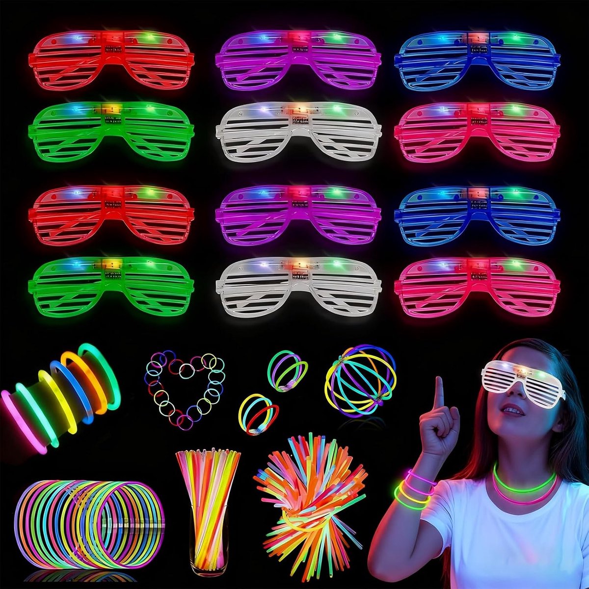 Lichtgevende armbanden, 62 stuks, 12 led-brillen voor feestjes en 50 lichtgevende lichtgevende armbanden voor kinderen, voor feestjes, feestjes en carnaval