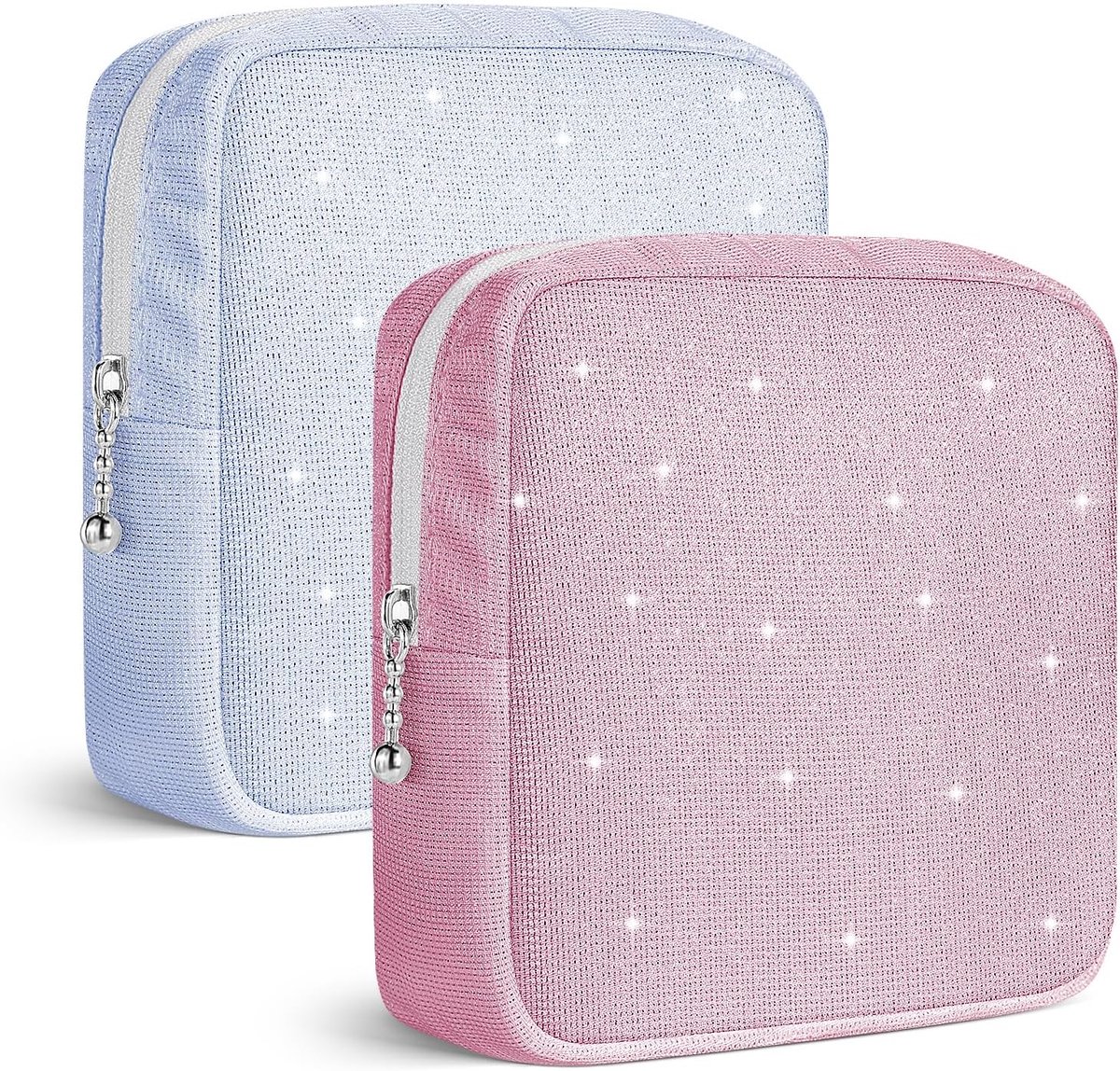 2 stuks maandmaandverband, tasjes voor dames, met ritssluiting, container, tampons, draagbaar, mini-cosmeticatas, reistas voor dames en meisjes (blauw en roze)