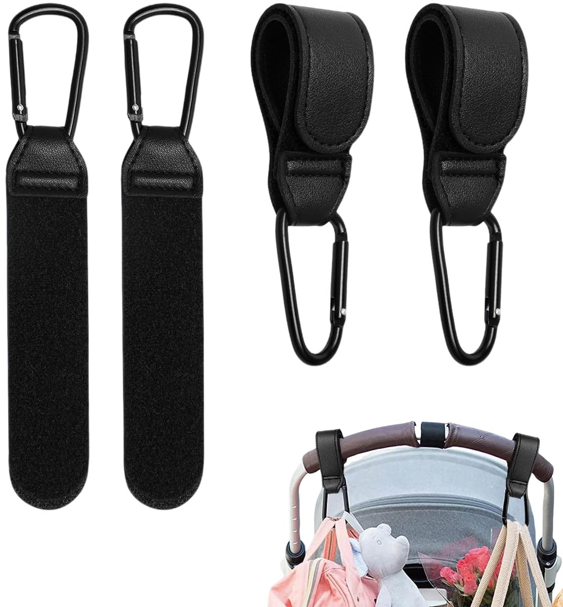 Kinderwagenhaken 4 Stuks - Leer - Sterke Haken - Ideaal voor Luiertas en Boodschappen - SnelShoppen