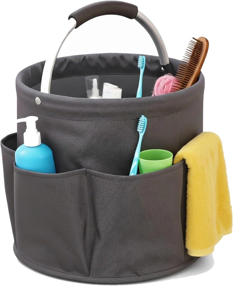 Reinigingscaddy voor schoonmaakmiddelen, opvouwbare poetstas, opbergmand met handvat, gereedschapsmand, tas met 6 buitenvakken, voor tuin, binnen, badkamer (donkergrijs)