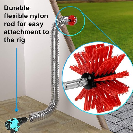 18-delige reiniging van ventilatiekanalen met 12 stelen 41 cm, 2 borstelkoppen 10 cm, zeshoekige schacht 4,5 cm, borstel met houten handvat 38 cm, 2 schoorsteenvegers - rood — afbeelding 3