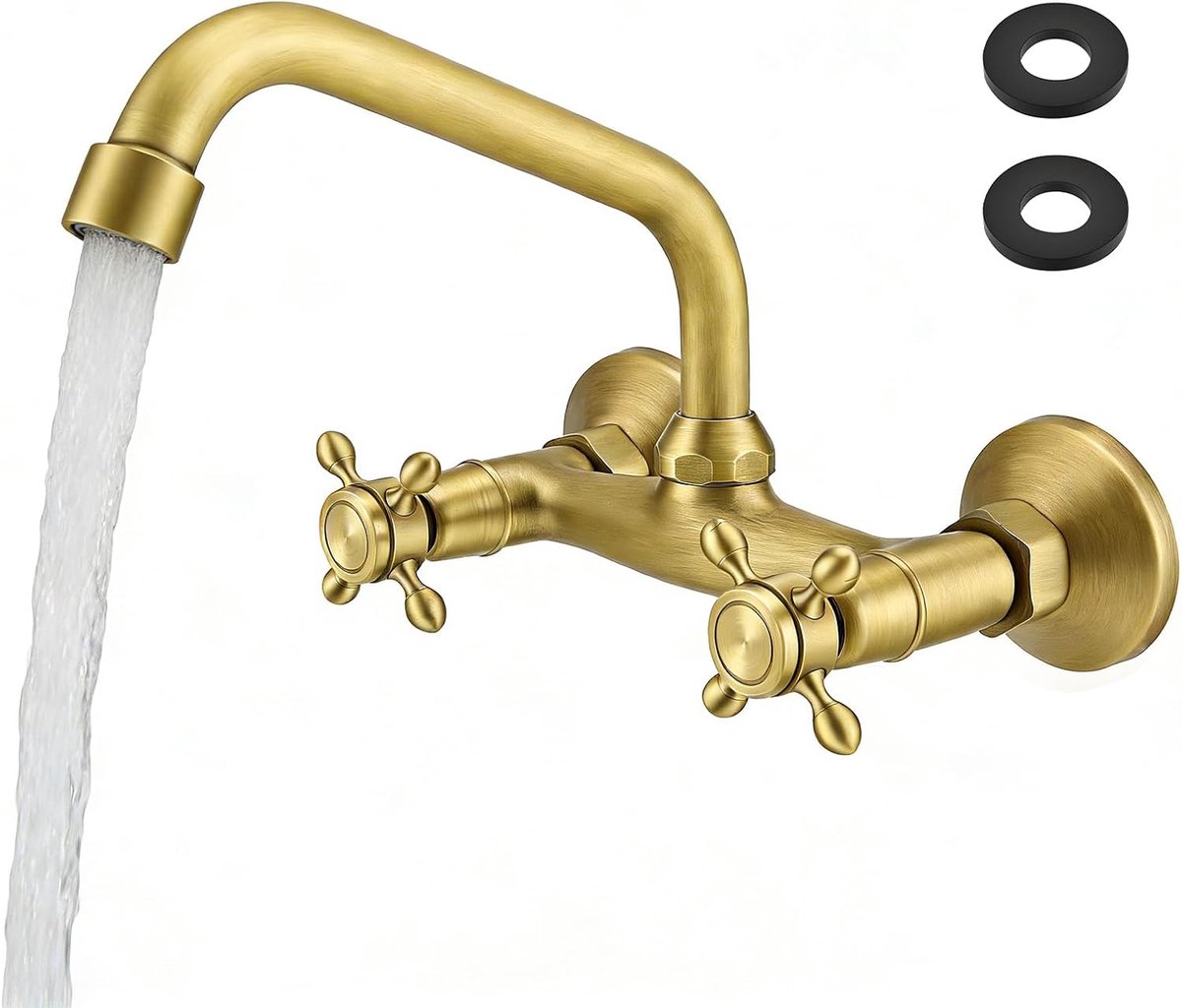 Wandkraan voor wastafel in antiek messing, vintage wandmengkraan voor keuken spoelbak, 360° draaibaar, dubbele hendel voor keuken- en badkamer, tuit 25 cm