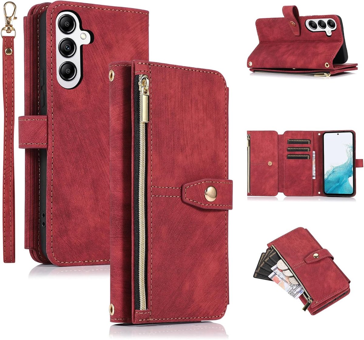Hoes voor Samsung Galaxy A55 5G, 9 kaartsleuven, retro lederen portemonnee flipcase met schouderband, polslus, standfunctie, ritssluiting, mobiele telefoonhoes, magnetische sluiting