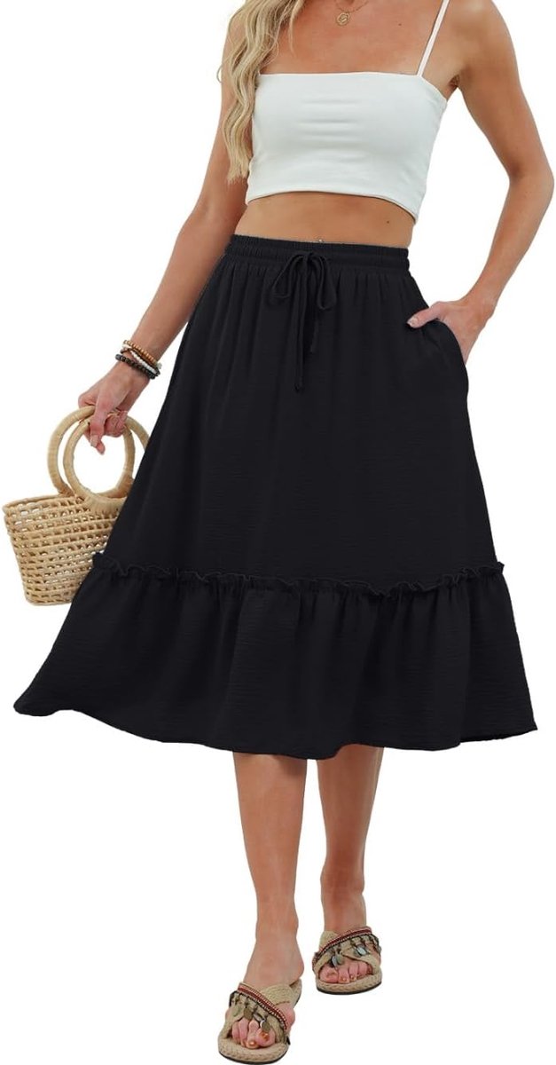 Rok voor dames, zomer, elastische taille, midi-rok met 2 zakken, A-lijn ruches, rokken voor dames, pendelen, vrije tijd en vakantie