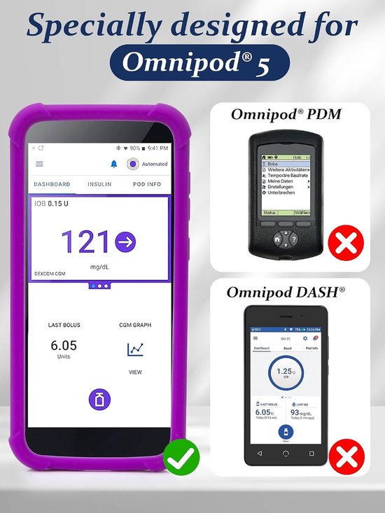5 Beschermhoes - Omnipod 5 Sensor Siliconen Hoesje Anti-kras met Gehard Glas, Ultra Resistente Screen Protector van YOUSHARES, Paars — afbeelding 2