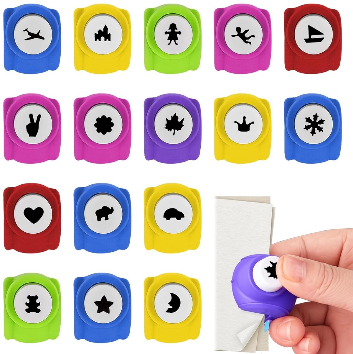Stansen voor kinderen, 16 stuks, papierpons, mini-perforator voor kinderen, motiefpons, licht, duurzame materialen, gemaakt in verschillende vormen voor knutselwerk, wenskaarten, fotoalbums