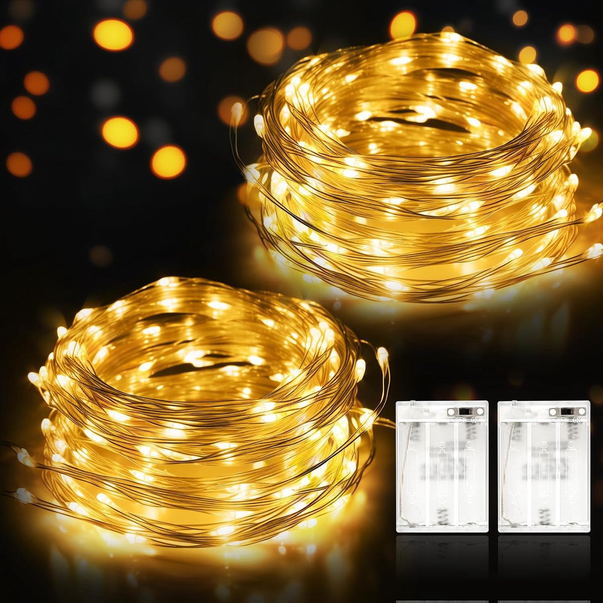 Led-lichtsnoer op batterijen, 2 x 12 m lichtsnoer met 120 leds, waterdicht, zilverdraad, voor kamer, Kerstmis, feest, bruiloft, balkon, binnen en buiten, warmwit