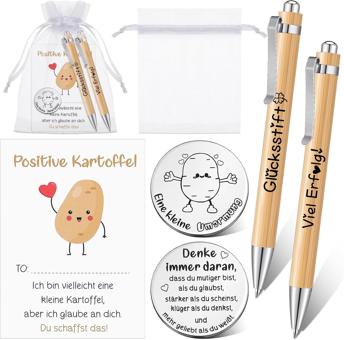 Positieve aardappelset, geluksbrenger, kleine omarming met kaart, organzazak, 2 pennen, munten, inspirerende dubbelzijdige munten, aanmoedigingscadeau, geluksbrenger voor examen