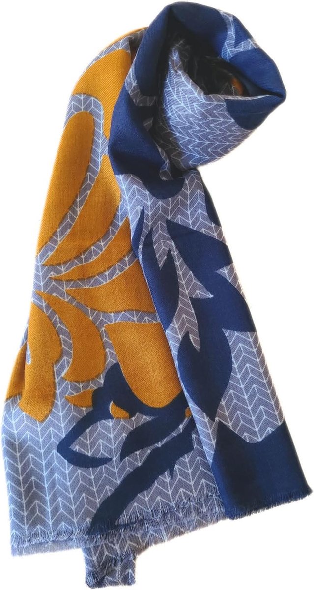 FUSION Indiase kasjmier sjaal | Mosterd bloem grijs | Handgemaakte print, Paars, L