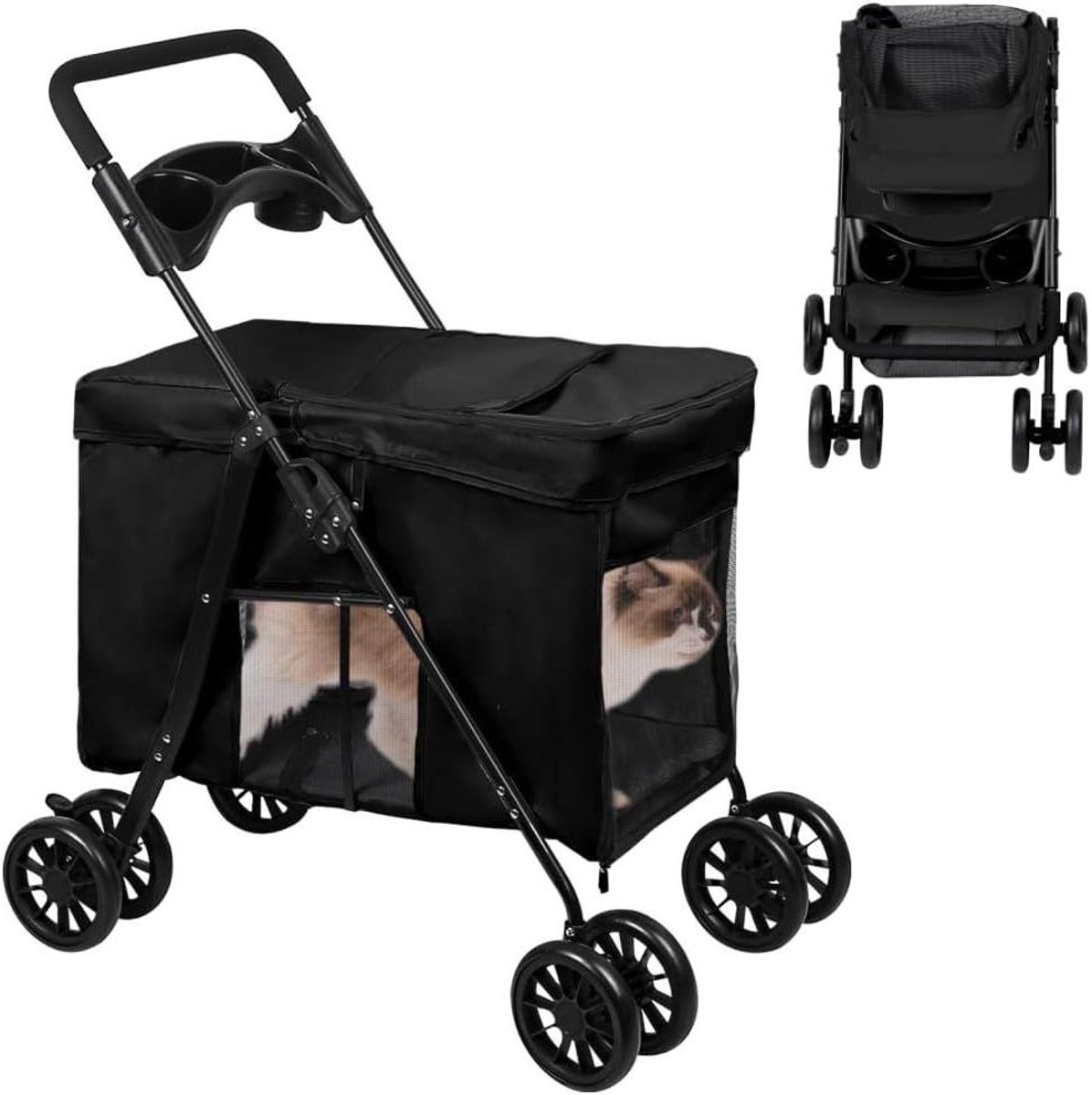Opvouwbare Huisdierwagen - Hondenbuggy Kattenwagen - Reizen met Huisdieren - Eenvoudig Inklapbaar - Tot 20 kg - Zwart