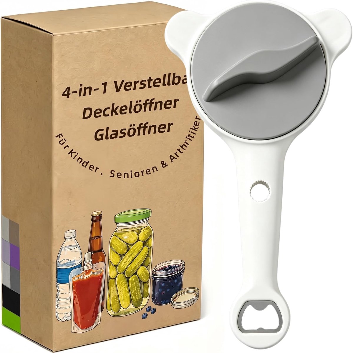 4-in-1 verstelbare dekselopener, multifunctionele glazen opener voor senioren en artritis, 2,5-9 cm, voor glazen in de keuken, flessen en blikjes, grijs