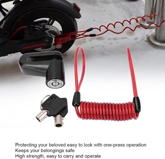 Remschijf slot - zwart - Elektrische step slot - Elektrische step Slot Accessoires - Slot voor remschijf - Motorslot - Diefstalbeveiliging - met rood herinneringskabel, 2 sleutels en opberg houder - voor scooter, fiets, elektrische fiets van Monzana — afbeelding 5