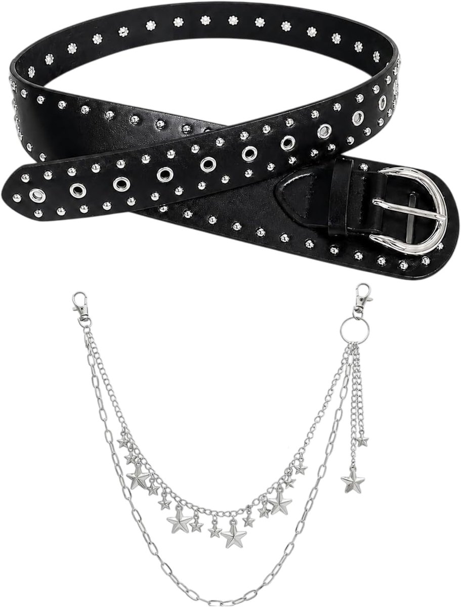 2 stuks Y2K Punk Studded Lederen Riem Set, Zwarte Heavy Duty Western Tule Riem, Gothic Emo Chunky Taille Riemen met Sterren Ketting voor Mannen Vrouwen