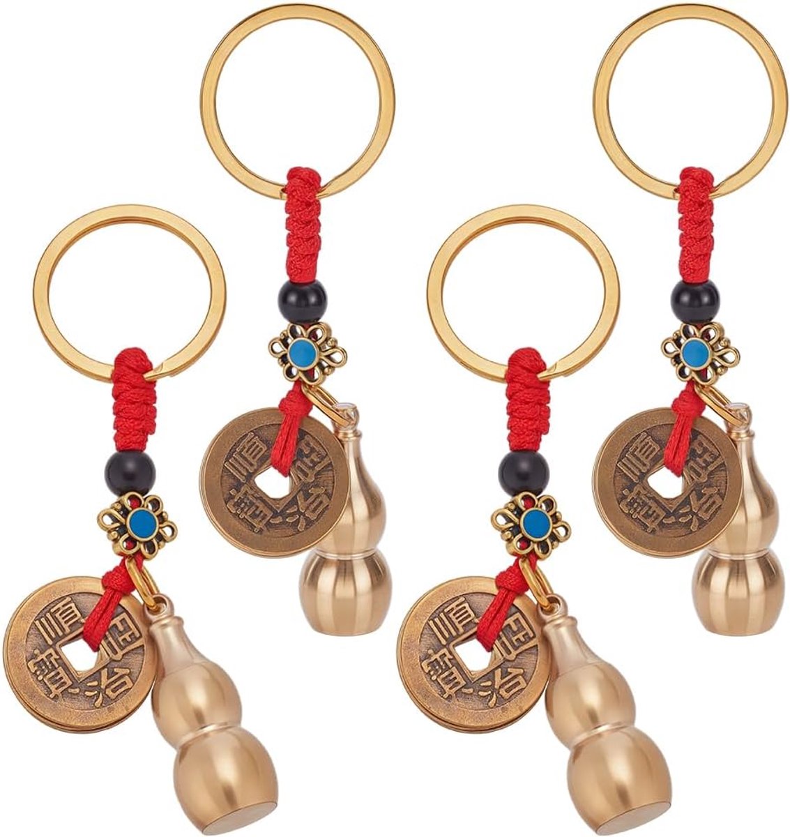4 Stks Messing Kalebas Sleutelhanger Goud Feng Shui Sleutelhanger Kalebas Charm met Chinese Munt Chinese Kalebassen Messing Wu Lou Sleutelhangers Geluk Sleutelhanger voor Handtassen Tas