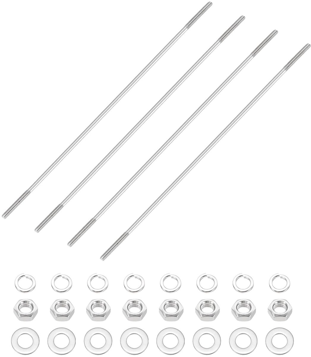 4 set draadstangen dubbel uiteinde M3 x 200 mm, 304 roestvrijstalen bouten dubbele schroefdraad met sluitringsmoeren voor huisonderhoud structureel anker schroeven bevestiging