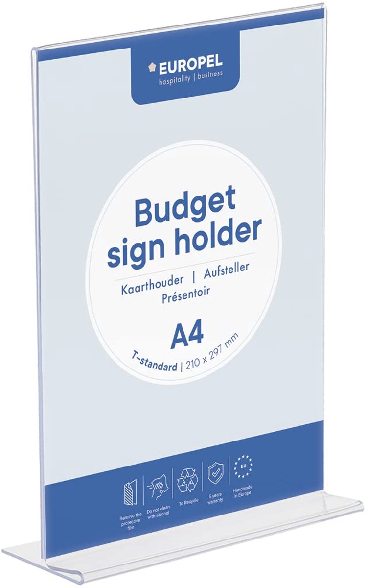 Budgetbordhouder T-standaard A4 - helder polystyreen 1,5 mm - dubbelzijdig - ideaal voor menu's en folders - SnelShoppen