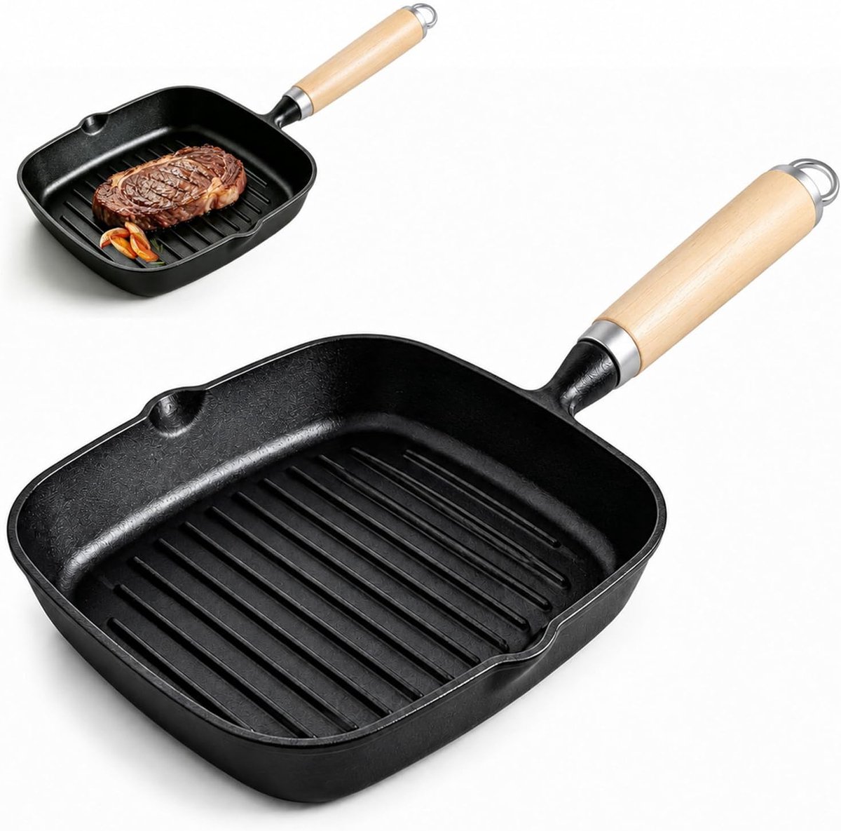 Grillpan 22 cm, steakpan met schenktuit, gietijzeren grillpan met antiaanbaklaag, vierkante gietijzeren pan met houten handvat, compatibel met alle kookplaten (gas en inductie)