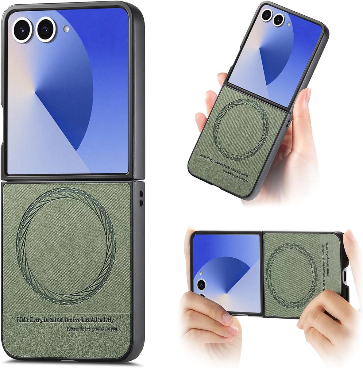 Veganistisch lederen hoesje, magnetisch, compatibel met Samsung Galaxy Z Flip 7, opvouwbaar, uittrekbaar, klaar voor autohouder, beschermhoes voor Samsung Galaxy Z Flip 7, groen