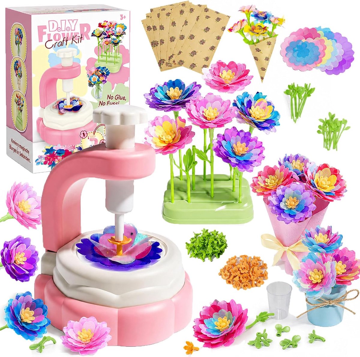 Bloemenknutselset voor kinderen, bloemenmachine, knutselset, bloemenpers, stoffen boeketten, doe-het-zelfspeelgoed, creatief cadeau voor meisjes vanaf 3 jaar, voor verjaardag, Kerstmis en