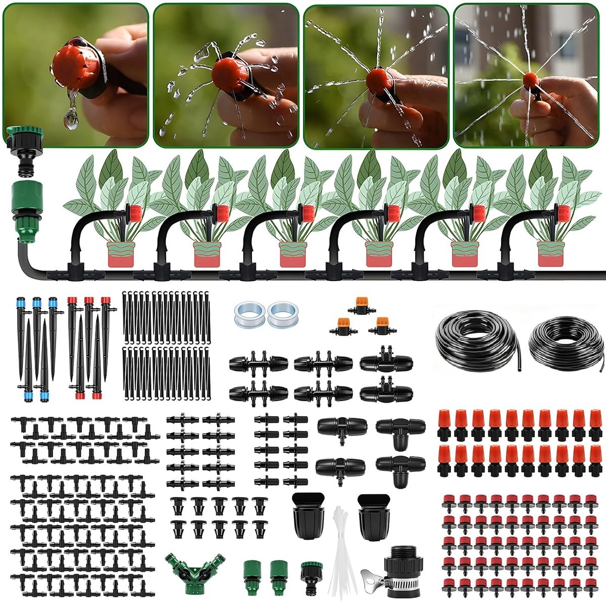 Tuinirrigatiesysteem, 315 stuks, doe-het-zelf irrigatieset, 60 m + 15 m irrigatiebuizen, automatische druppelirrigatie, nevelkoelsysteem voor landschap, planten, kas